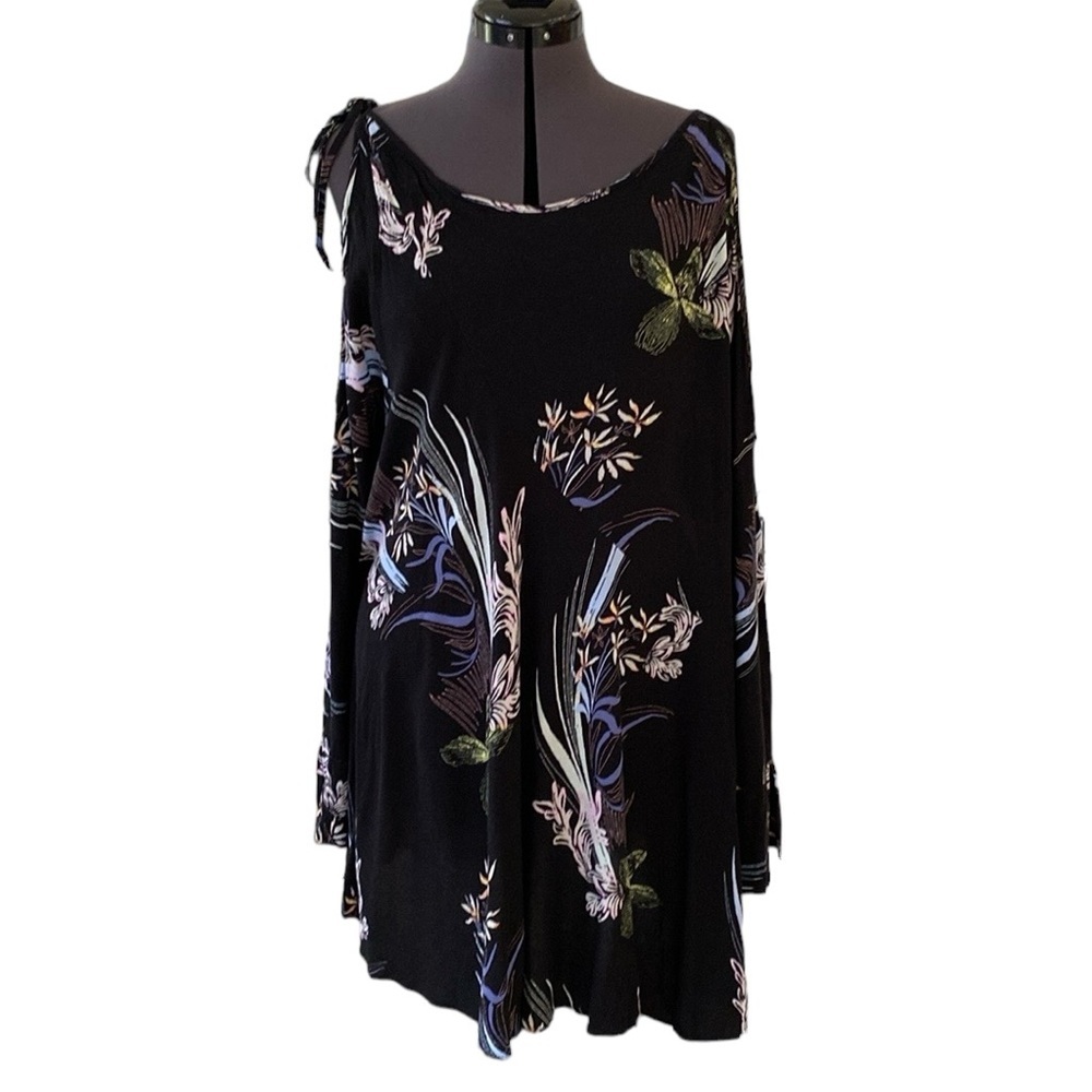 Free People Clear Skies Are Blue Floral Printed Tunic Cold Shoulder Dress Sz M - Picture 3 of 13